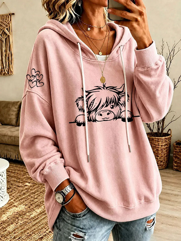 Noreli – Allover-Highland-Rinder-Print Strick-Kapuzenpullover
