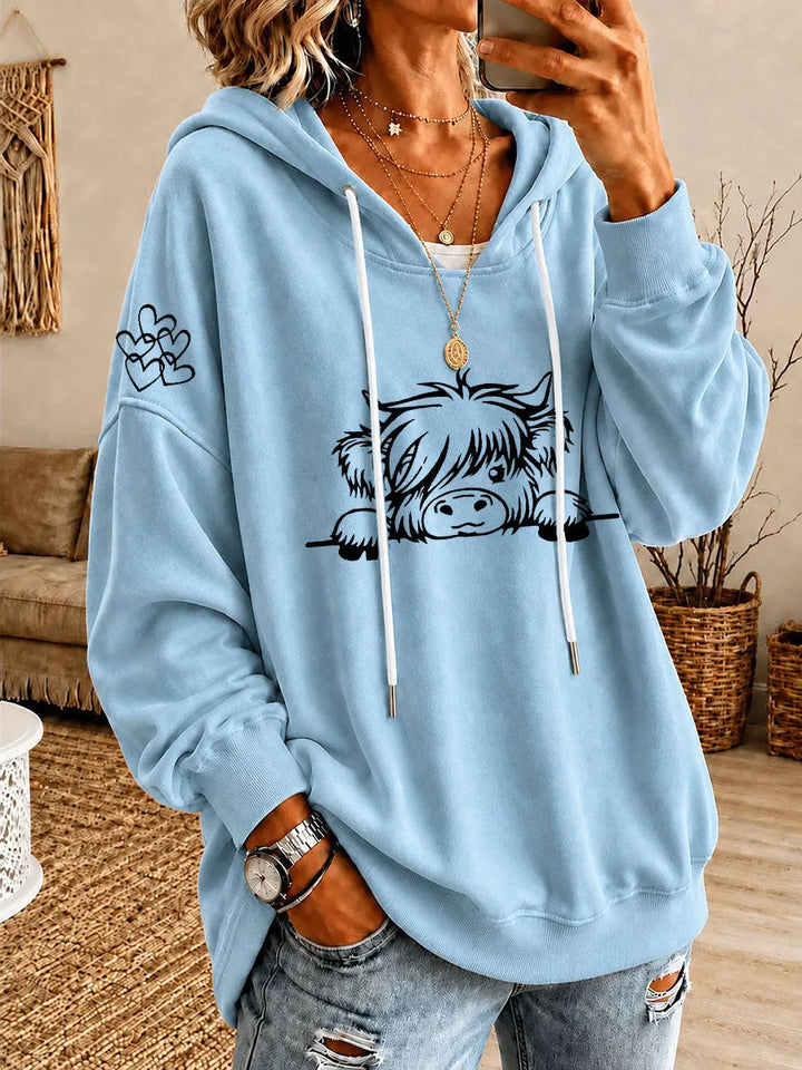 Noreli – Allover-Highland-Rinder-Print Strick-Kapuzenpullover