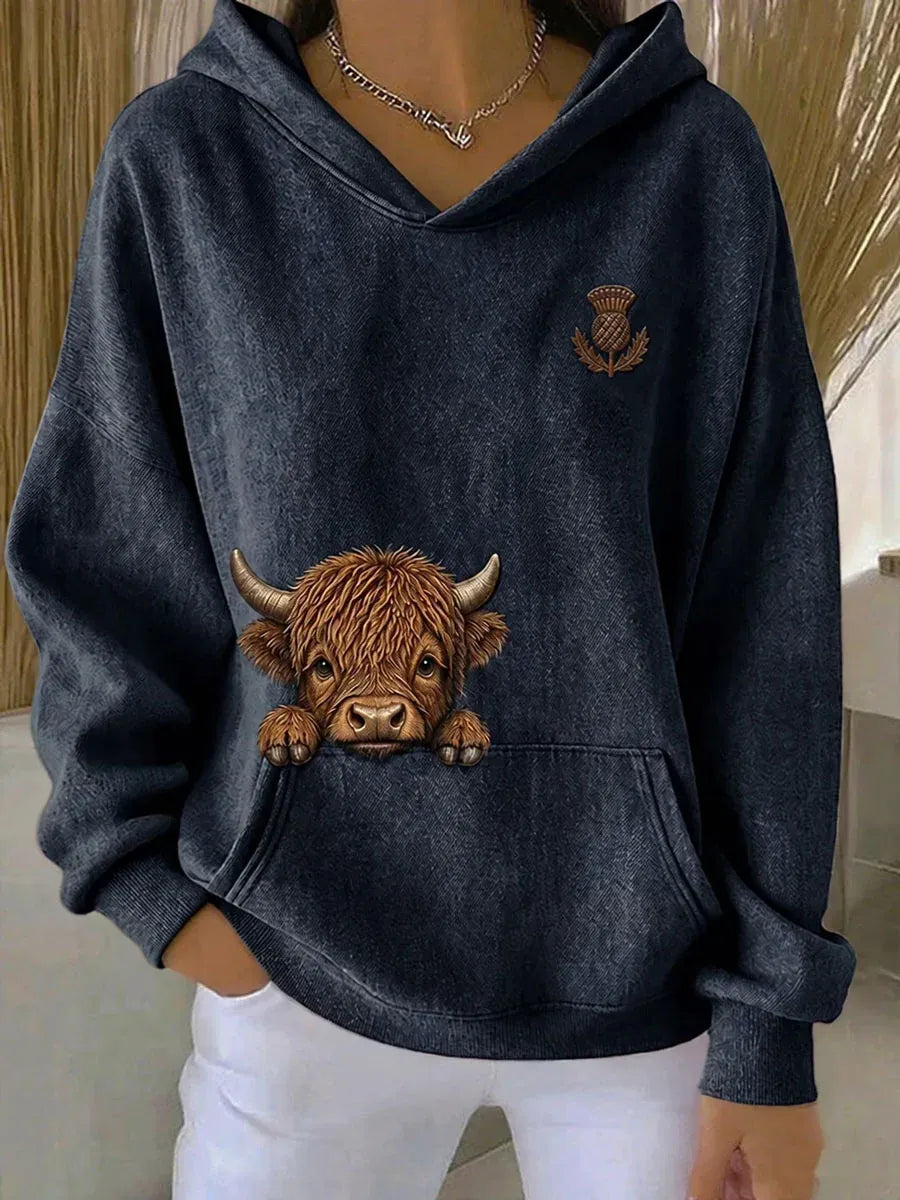 Sorali – Allover-Print mit Highlandrindern, Strick-Kapuzenpullover