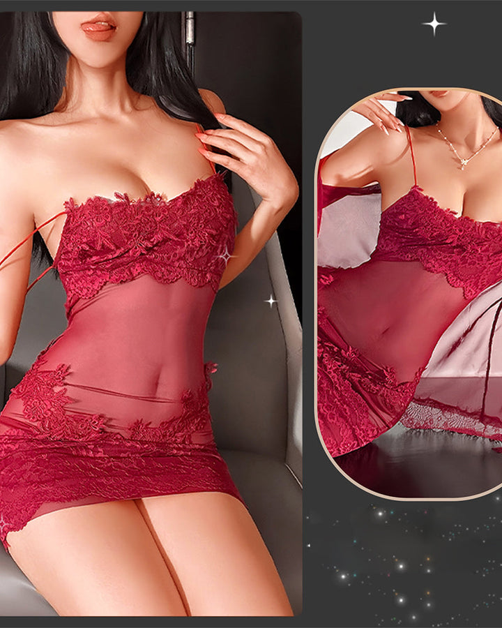 Solyne – Spaghettiträger-Spitzen-Mesh-Pyjama-Set