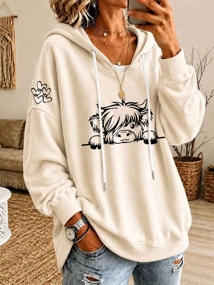 Noreli – Allover-Highland-Rinder-Print Strick-Kapuzenpullover