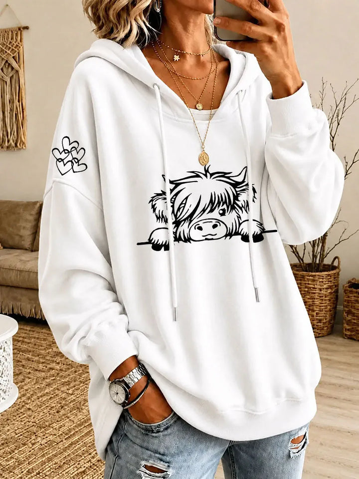 Noreli – Allover-Highland-Rinder-Print Strick-Kapuzenpullover