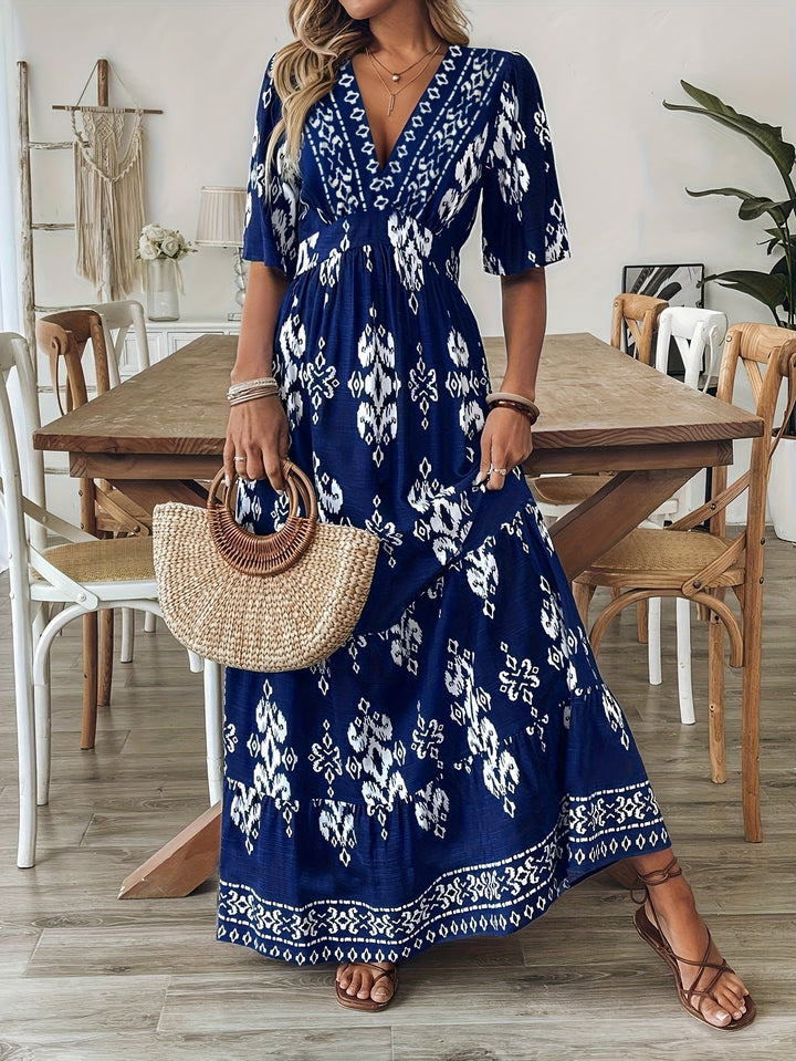 Nalira – V-Ausschnitt, bedrucktes Maxikleid