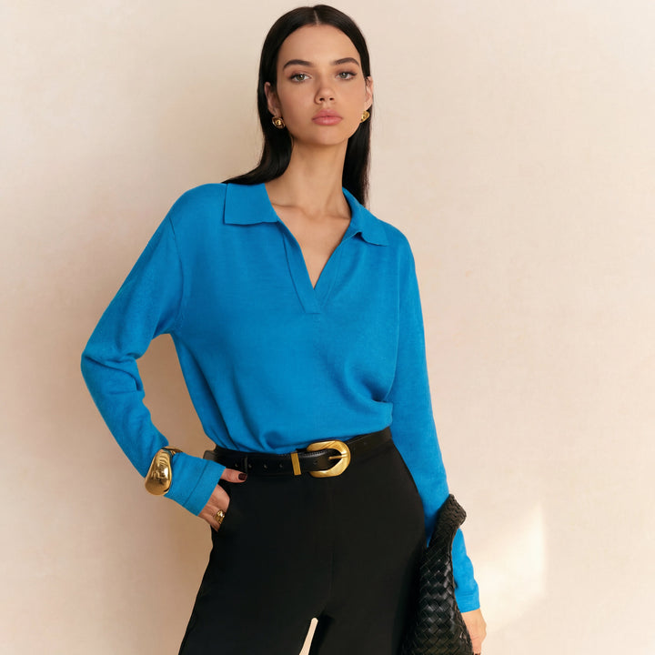 Elyra – Polo mit V-Ausschnitt, Feinstrick-Pullover