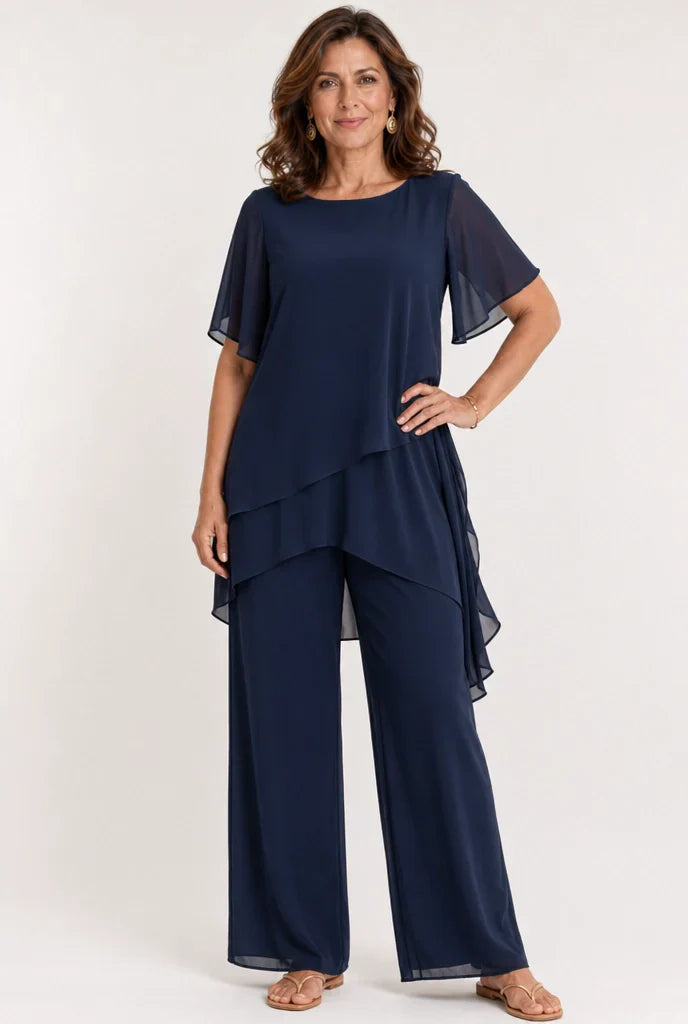 Sivela – Asymmetrischer Chiffon-Überwurf Palazzo-Set