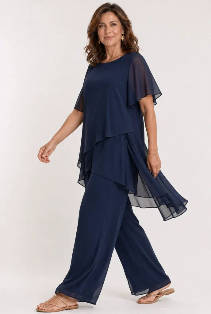 Sivela – Asymmetrischer Chiffon-Überwurf Palazzo-Set