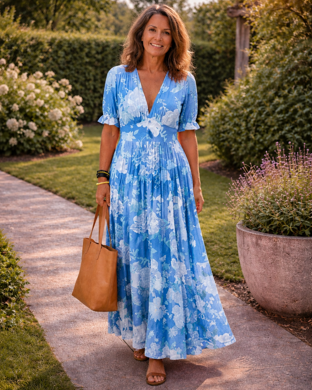 Nolira – V-Ausschnitt Blumendruck Midi-Kleid