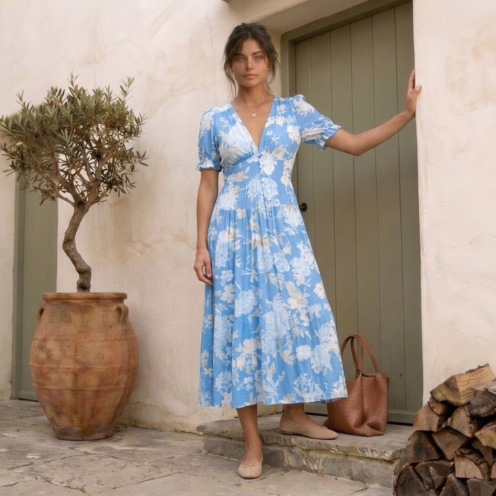 Nelora – V-Ausschnitt, florales Maxikleid