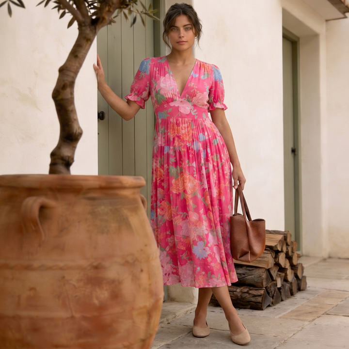 Nelora – V-Ausschnitt, florales Maxikleid