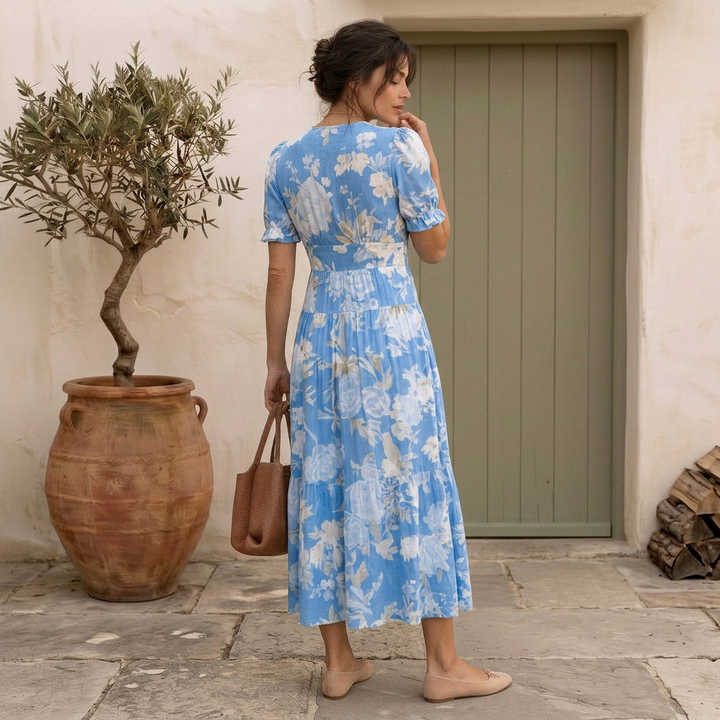 Nelora – V-Ausschnitt, florales Maxikleid