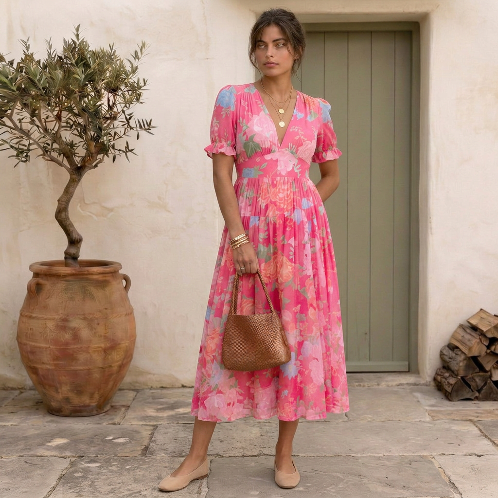 Nelora – V-Ausschnitt, florales Maxikleid