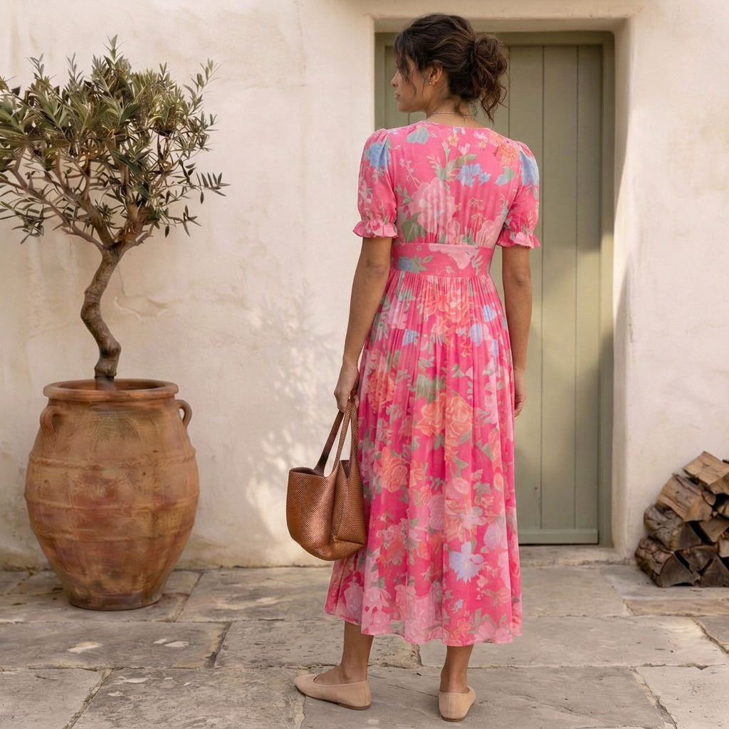 Nelora – V-Ausschnitt, florales Maxikleid