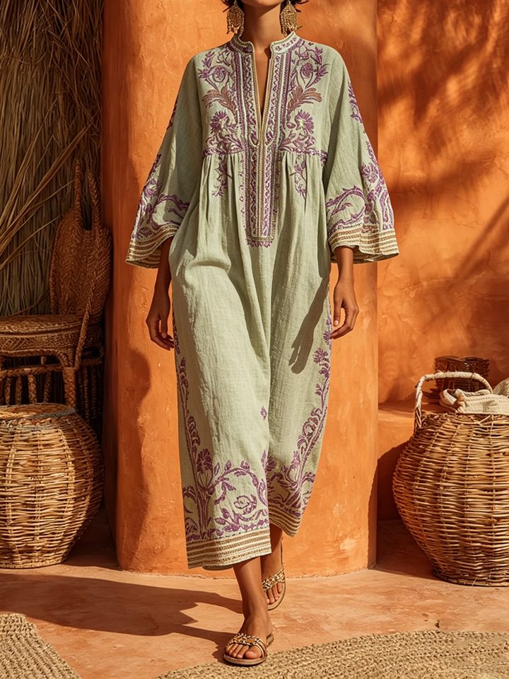 Rivana – floral besticktes gewebtes Maxikleid