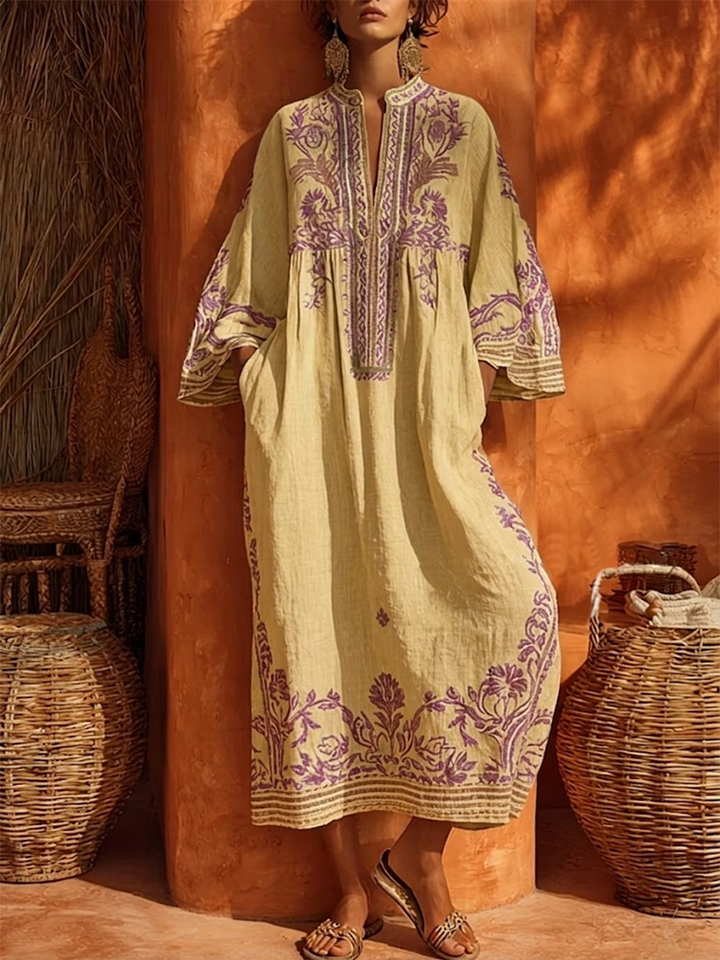Rivana – floral besticktes gewebtes Maxikleid