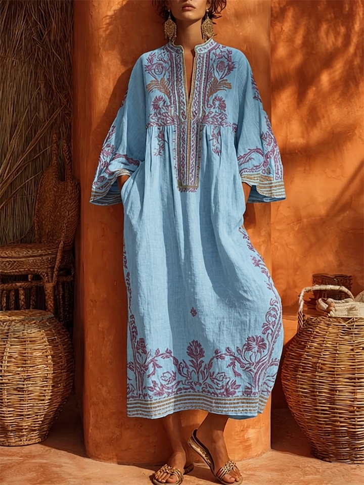Rivana – floral besticktes gewebtes Maxikleid