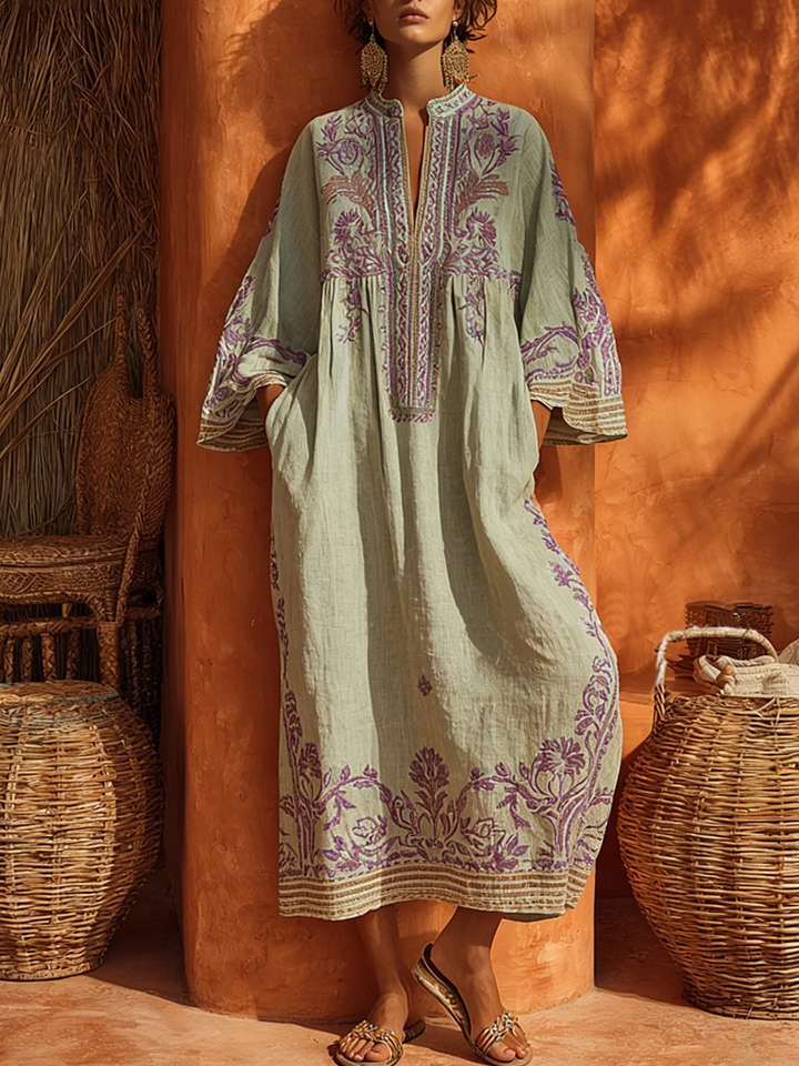 Rivana – floral besticktes gewebtes Maxikleid