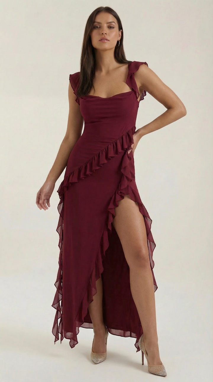 Avenna – Asymmetrisches, gerüschtes, gewebtes Langkleid