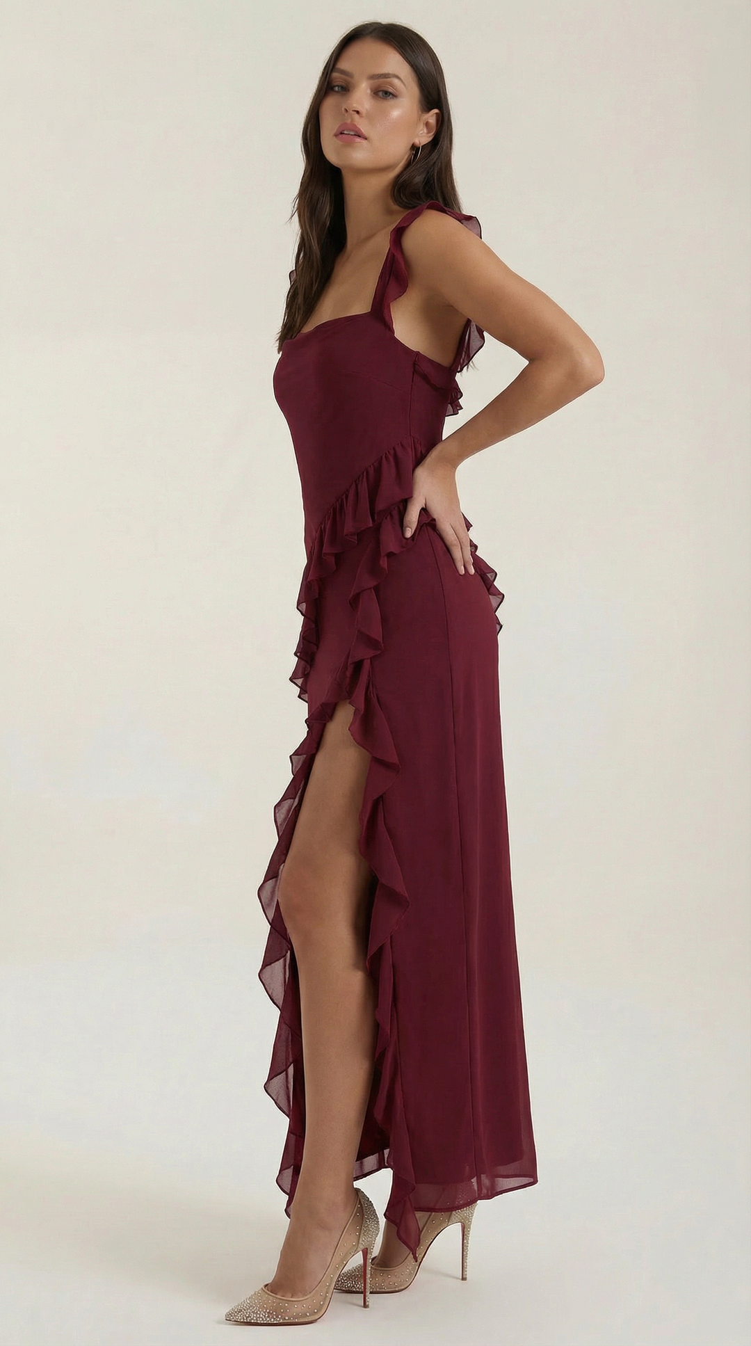 Avenna – Asymmetrisches, gerüschtes, gewebtes Langkleid