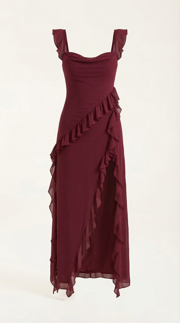 Avenna – Asymmetrisches, gerüschtes, gewebtes Langkleid