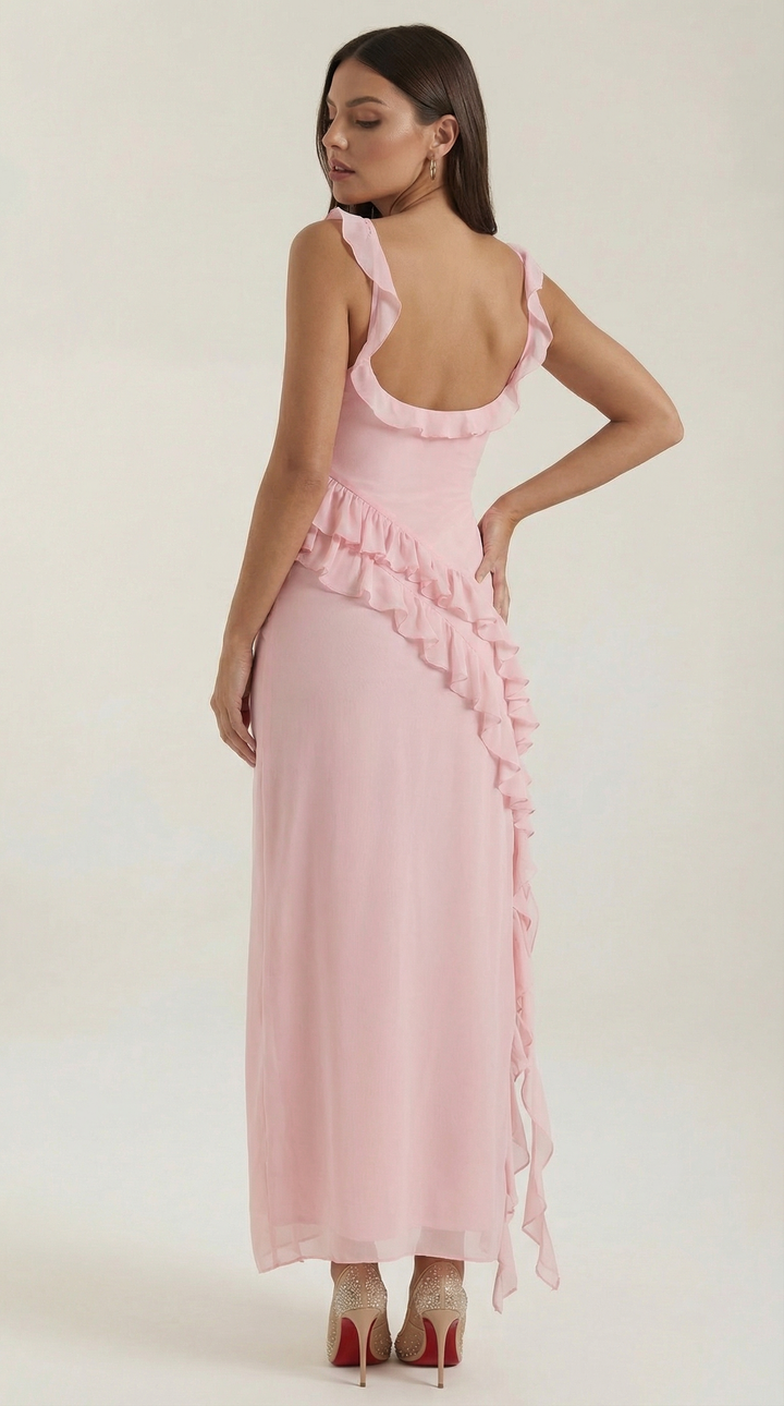 Avenna – Asymmetrisches, gerüschtes, gewebtes Langkleid