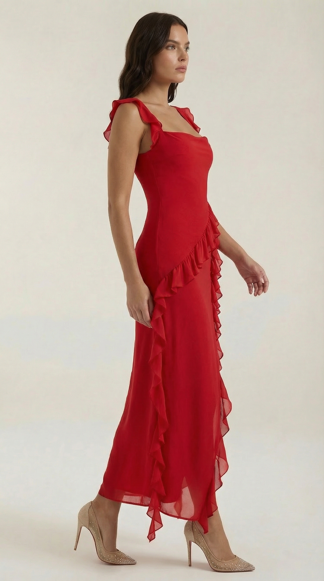Avenna – Asymmetrisches, gerüschtes, gewebtes Langkleid