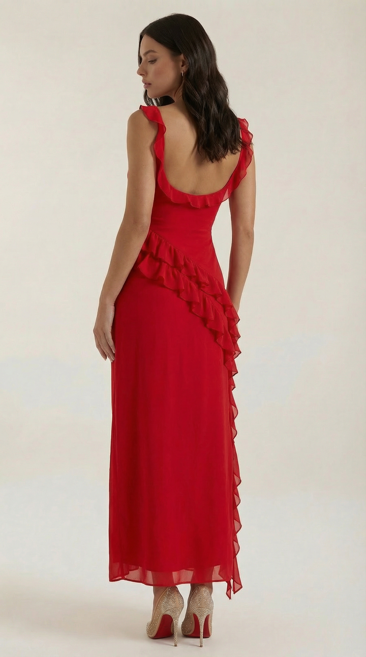 Avenna – Asymmetrisches, gerüschtes, gewebtes Langkleid