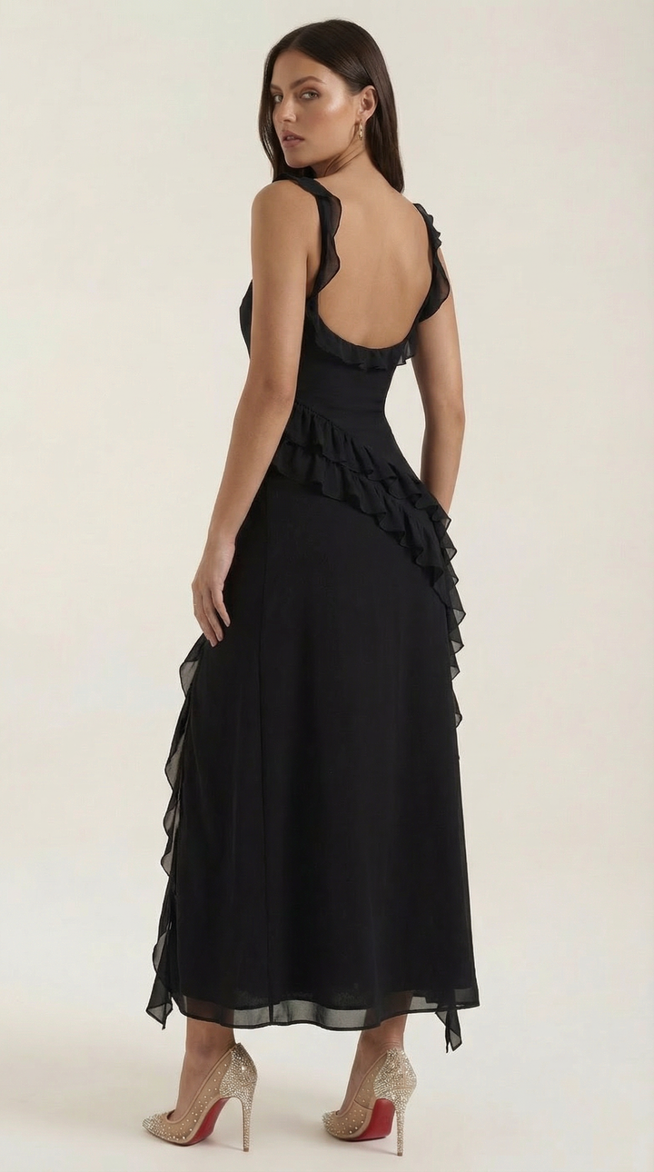 Avenna – Asymmetrisches, gerüschtes, gewebtes Langkleid