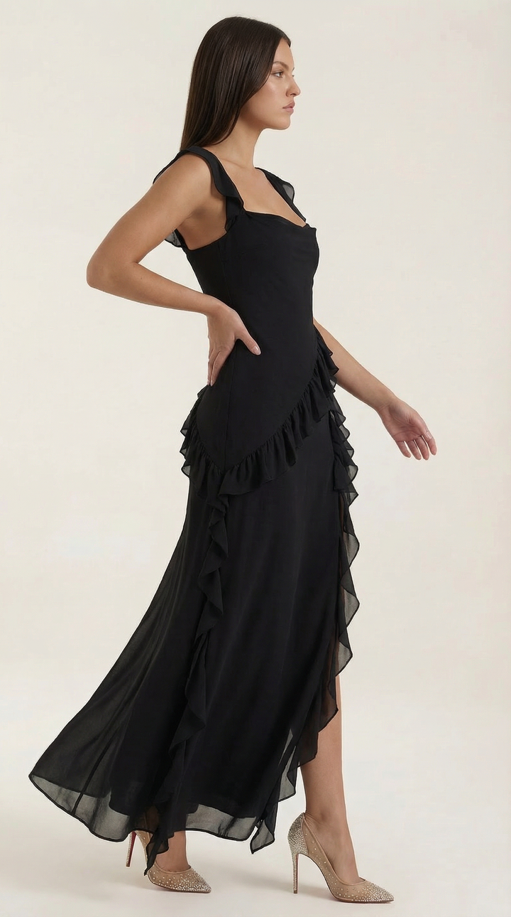 Avenna – Asymmetrisches, gerüschtes, gewebtes Langkleid