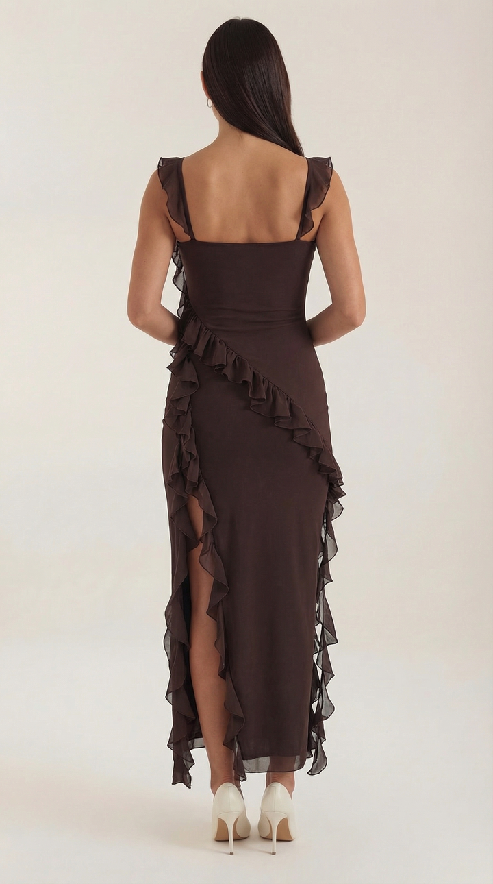 Avenna – Asymmetrisches, gerüschtes, gewebtes Langkleid