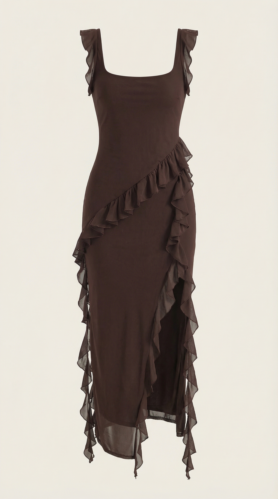Avenna – Asymmetrisches, gerüschtes, gewebtes Langkleid
