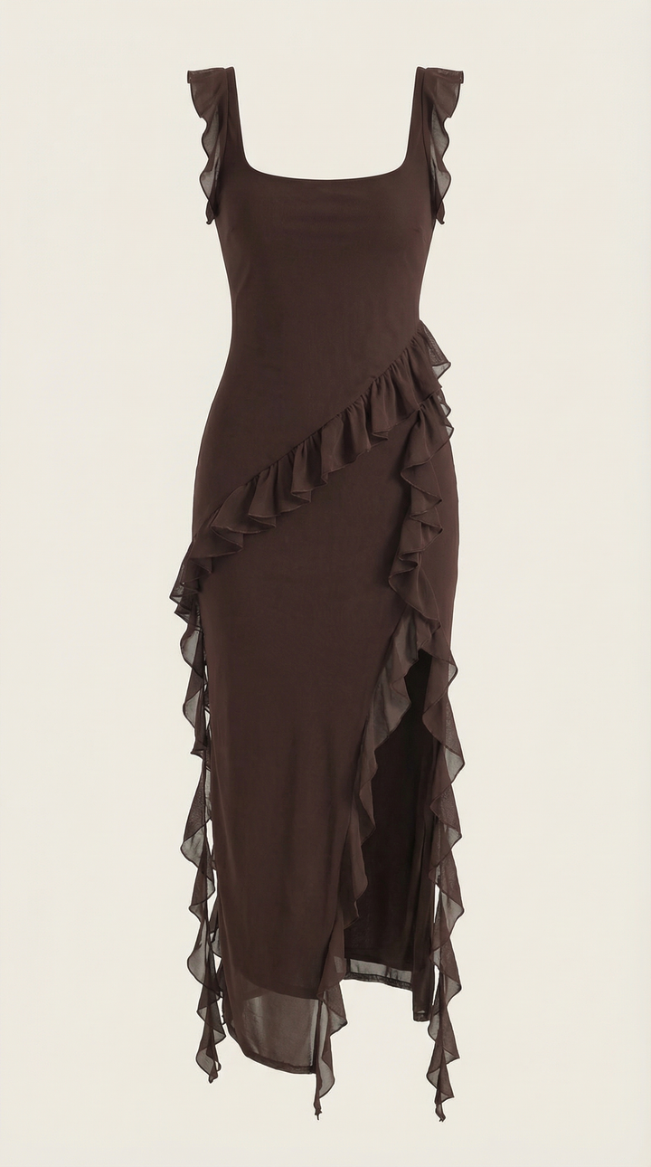 Avenna – Asymmetrisches, gerüschtes, gewebtes Langkleid