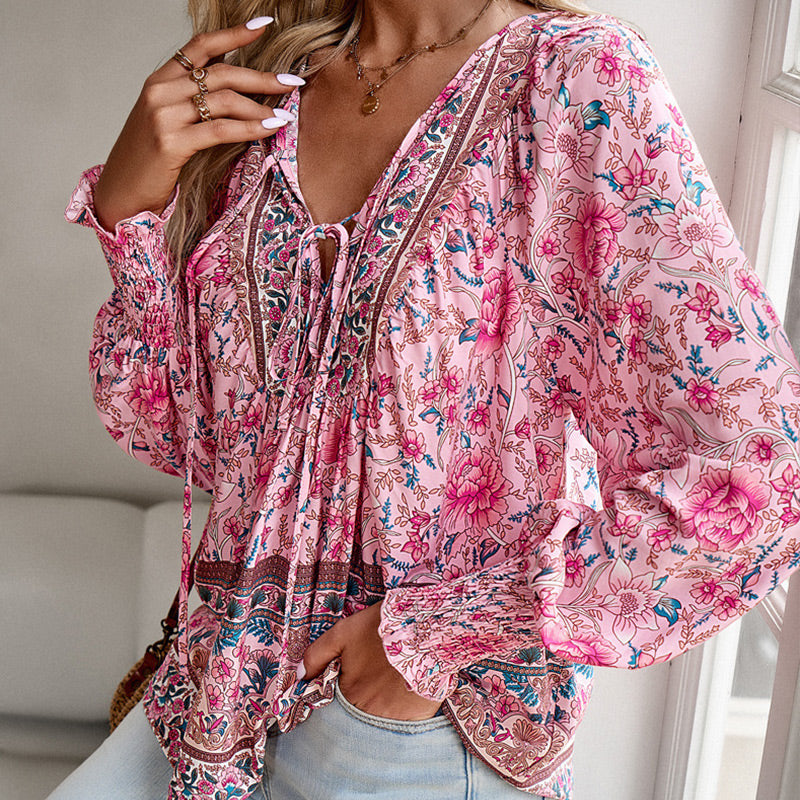 Calira – Baumwollshirt mit Bindeband am V-Ausschnitt
