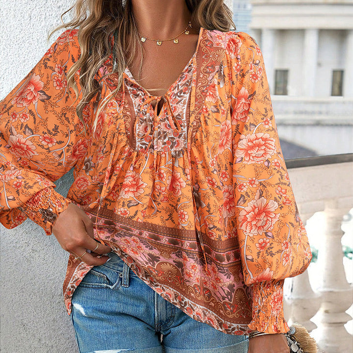 Calira – Baumwollshirt mit Bindeband am V-Ausschnitt