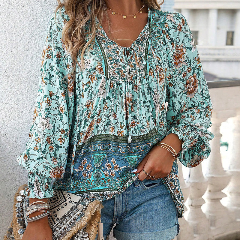 Calira – Baumwollshirt mit Bindeband am V-Ausschnitt