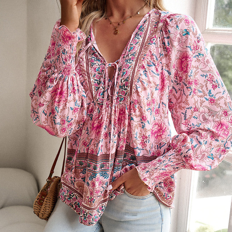 Calira – Baumwollshirt mit Bindeband am V-Ausschnitt