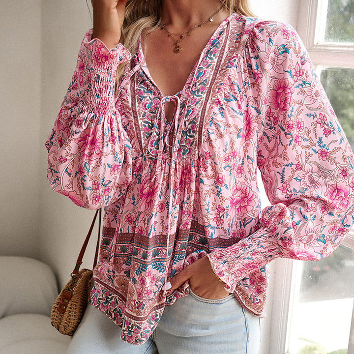Calira – Baumwollshirt mit Bindeband am V-Ausschnitt