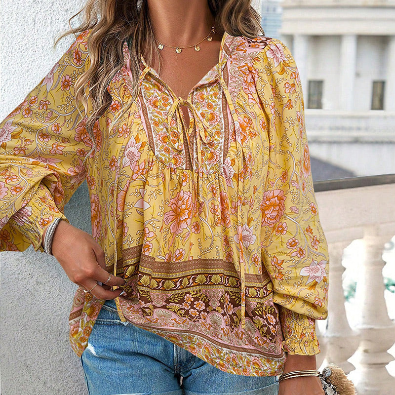 Calira – Baumwollshirt mit Bindeband am V-Ausschnitt