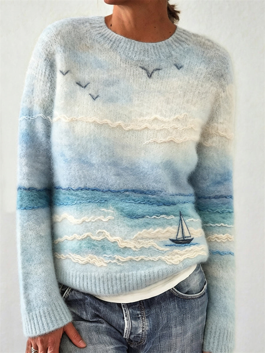 Velara – Bootsdruck mit Meereslandschaft, Baumwollstrickpullover