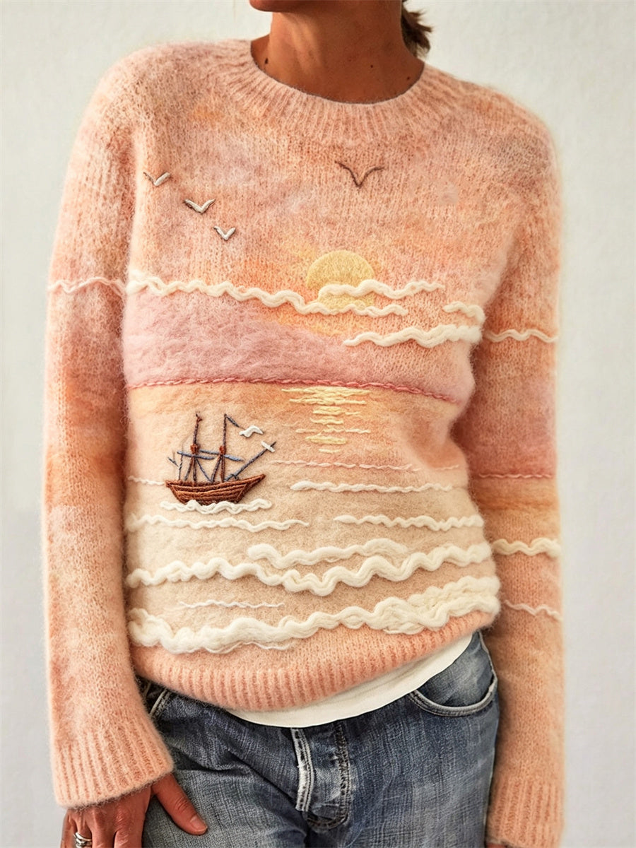 Mevara – Meereslandschaft-Print Baumwollstrickpullover