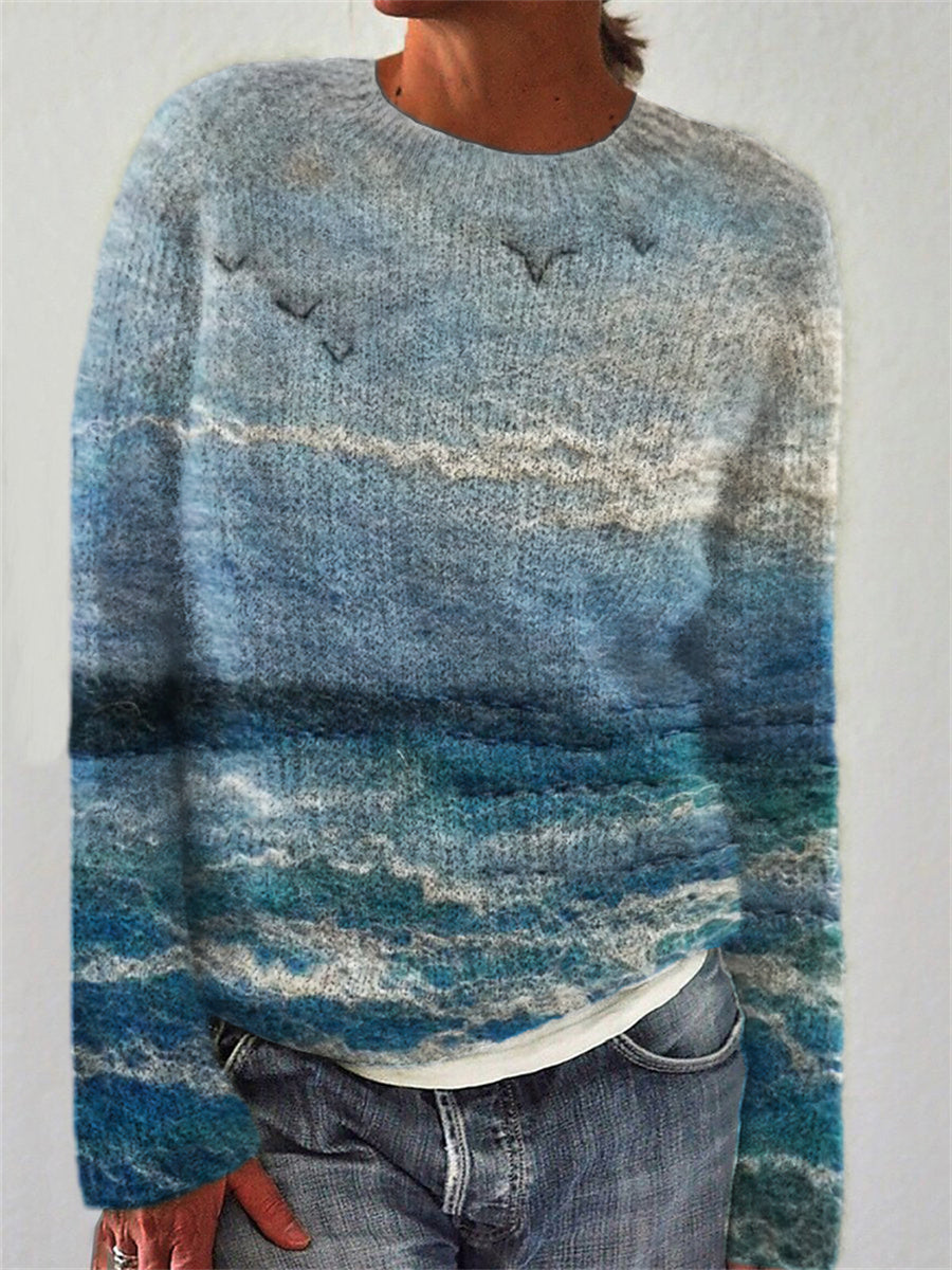 Mireva – Meereslandschaftsdruck Baumwollmischung-Strickpullover