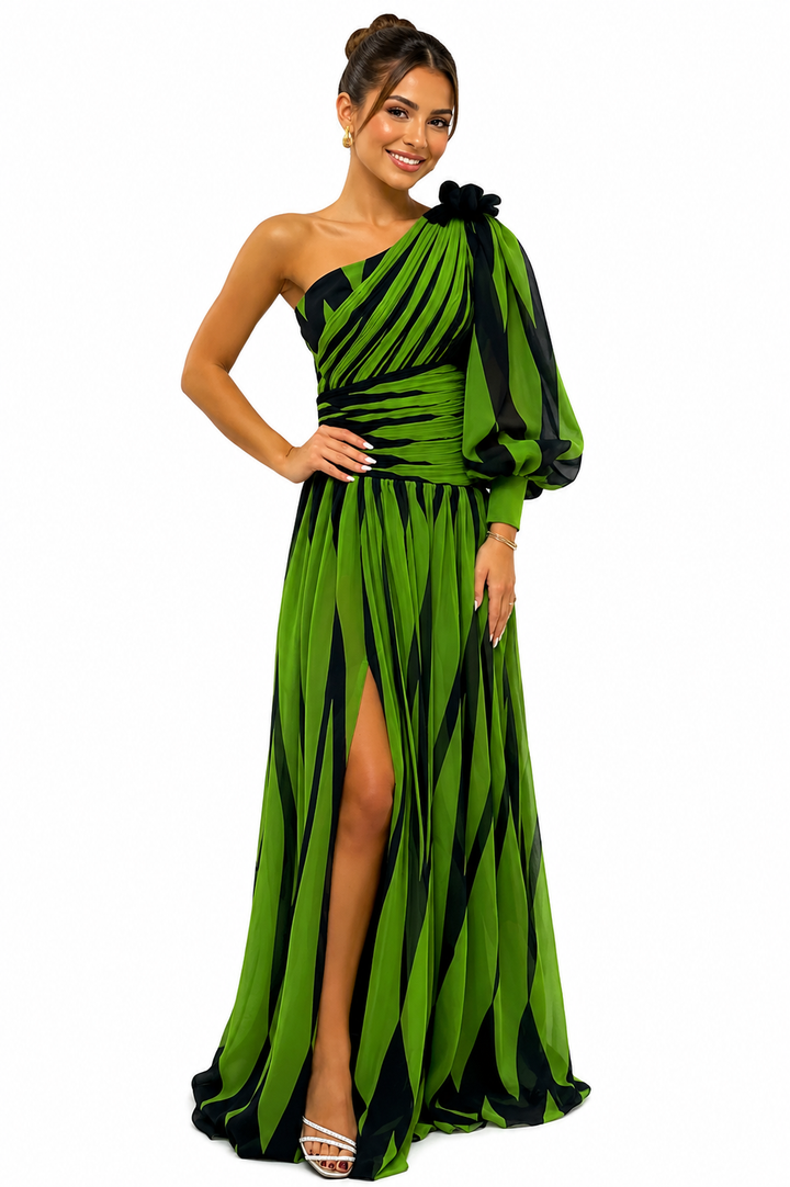 Novira – Ein-Schulter Pinselstrich-Print-Kleid
